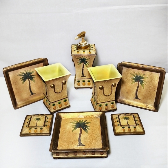 Vint/Mint 8pc Etched Palm Tree w/gold trim + name brand + heavy in weight - Picture 2 of 13